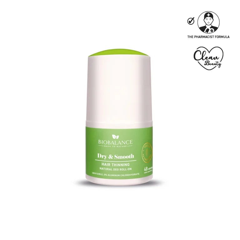 BIOBALANCE Dry & Smooth Hair Thinning Natural Deo Roll-On – 50ml | بيو بالانس رول مزيل للرائحة يساعد على تقليل مظهر نمو شعر الإبط – 50 مل