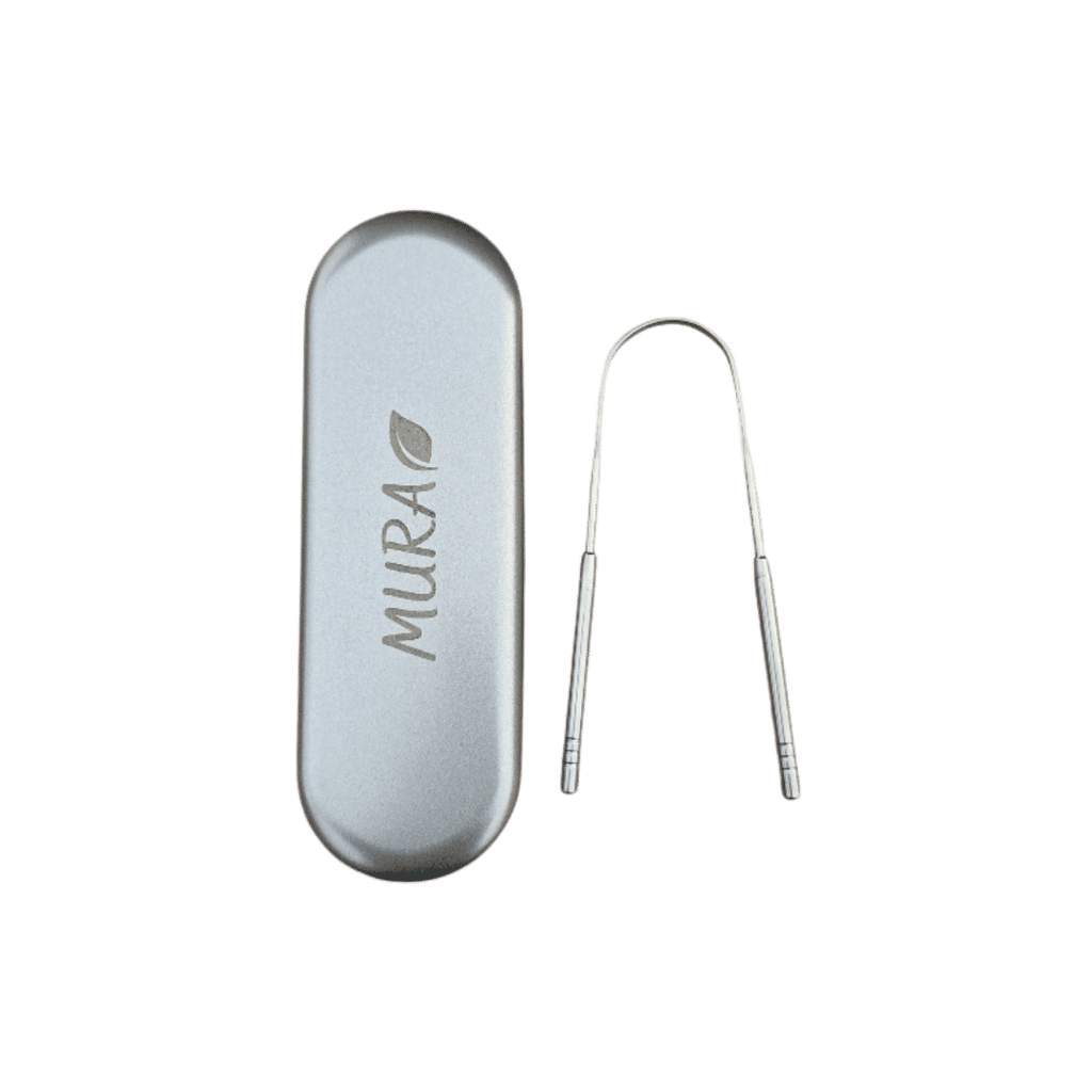 MURA Tongue Scraper with Metal Case  | مورا قاشطة لسان ستانلس ستيل مع حافظة معدنية