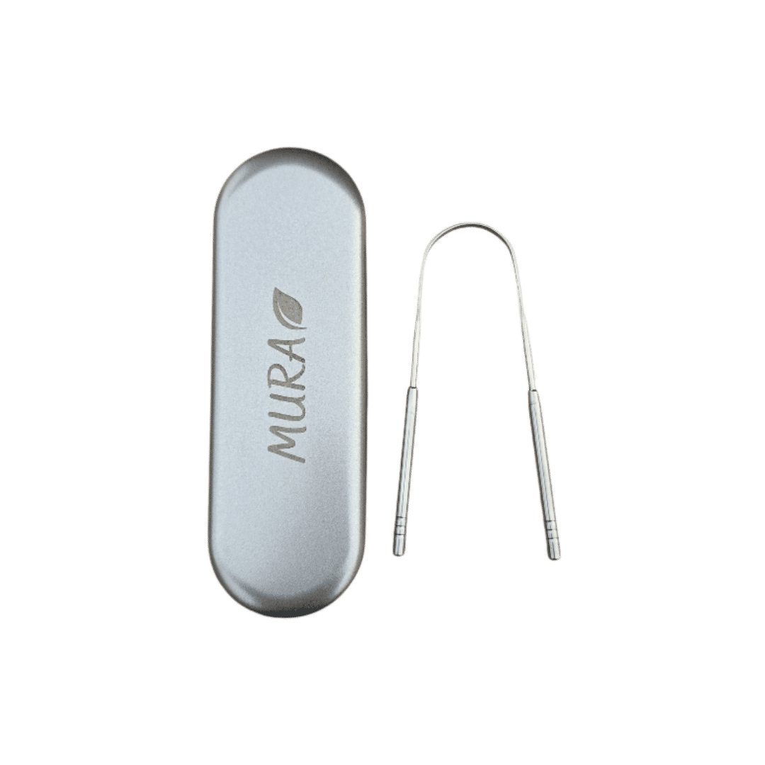 MURA Tongue Scraper with Metal Case  | مورا قاشطة لسان ستانلس ستيل مع حافظة معدنية